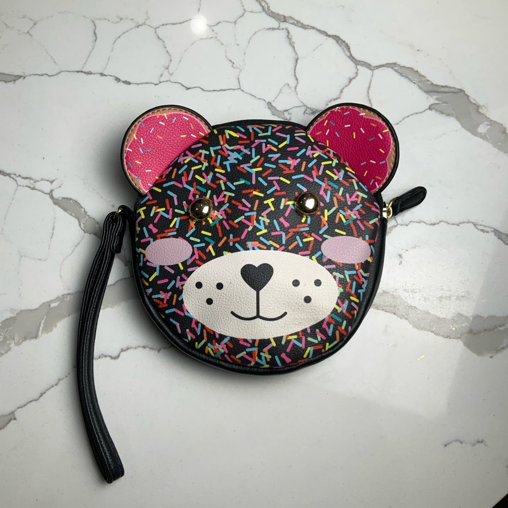 Betsey Johnson Wristlet Coin Purse with Bear Face & Colorful Sprinkle Pattern